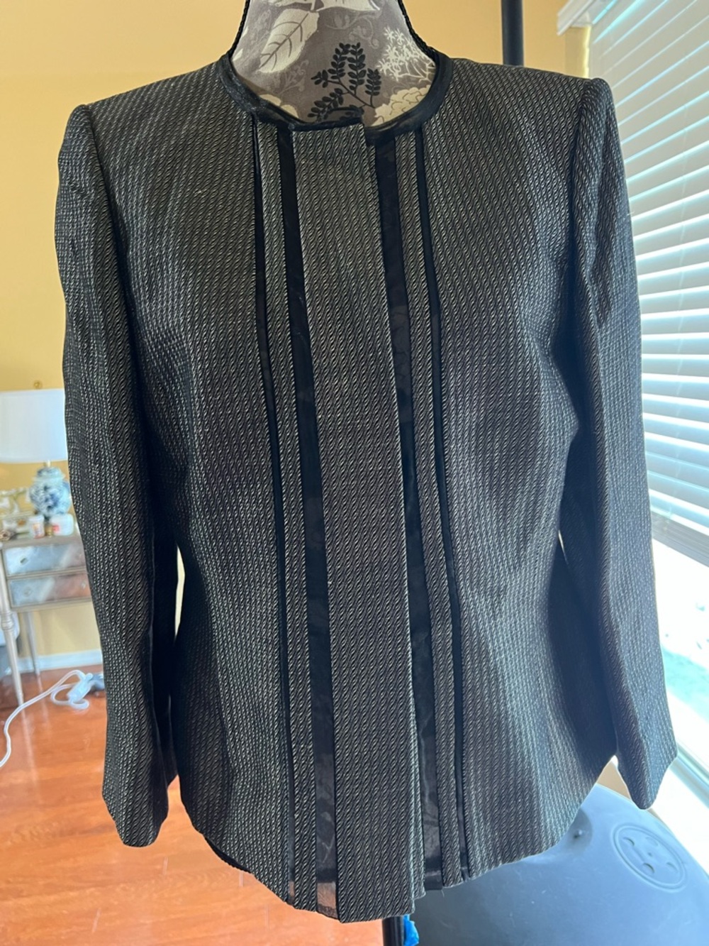 Ellen Tracy Black Textured Open-Front Jacket with Shiny Trim
